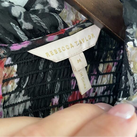 Rebecca Taylor | Women’s Black Floral Smock Dress Silk Ruffles Mock-Neck Flowy M - Picture 6 of 13